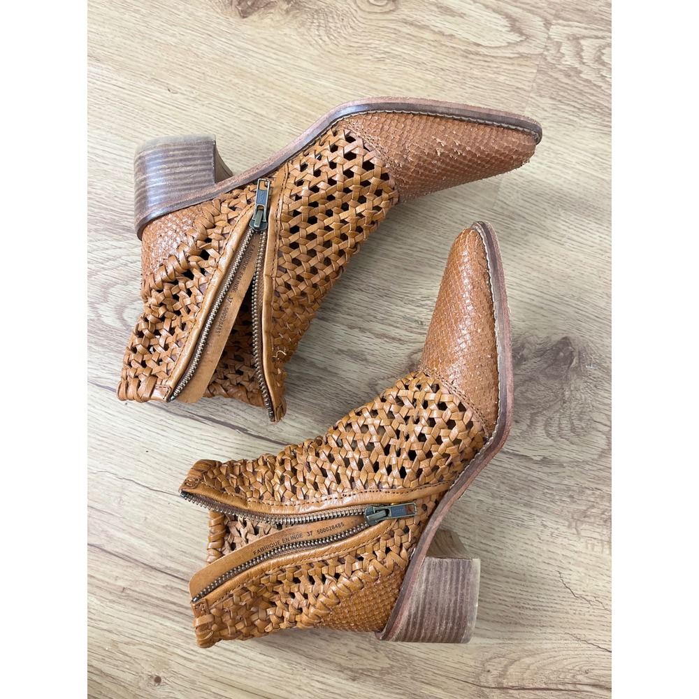 Free People Boho Woven Leather Ankle Boots Women 37 Tan Pointed Toe‎ Block Heel - Picture 9 of 12